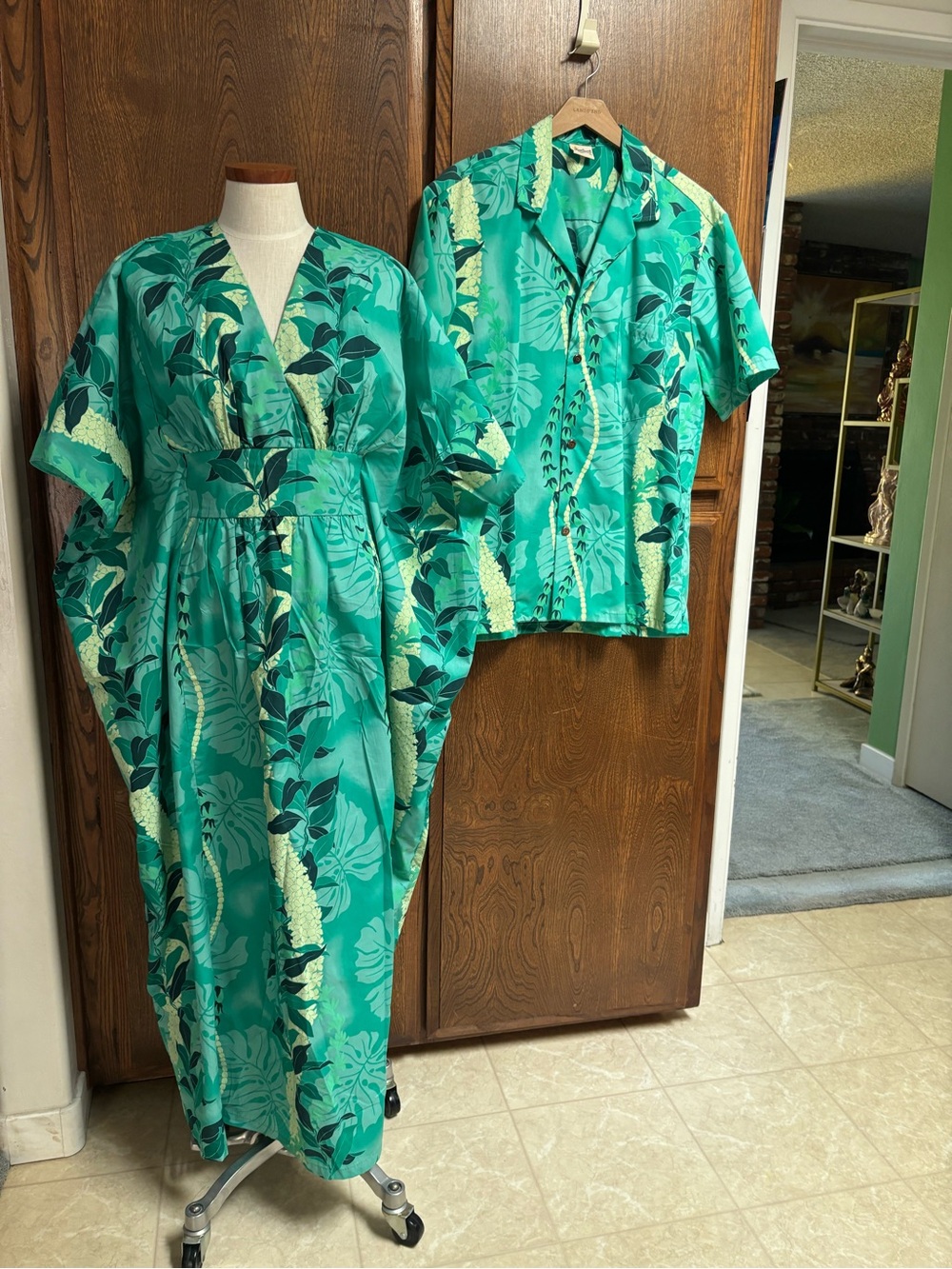 Matching Teal Tropical Hawaiian Dress and Mens Shirt Set. Honeymoon Set.